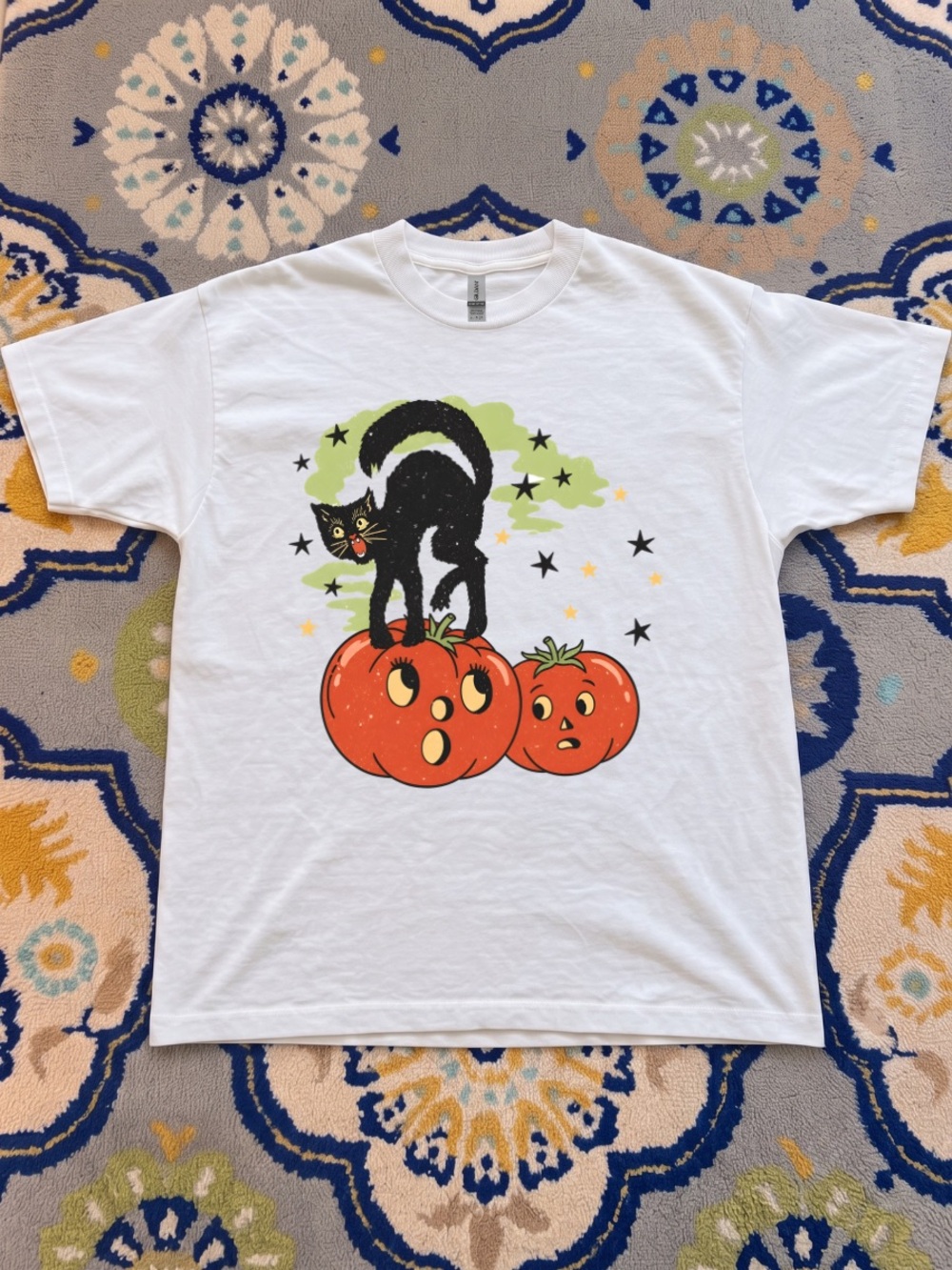 Gildan White Tee with Black Cat & Orange Pumpkin Graphic